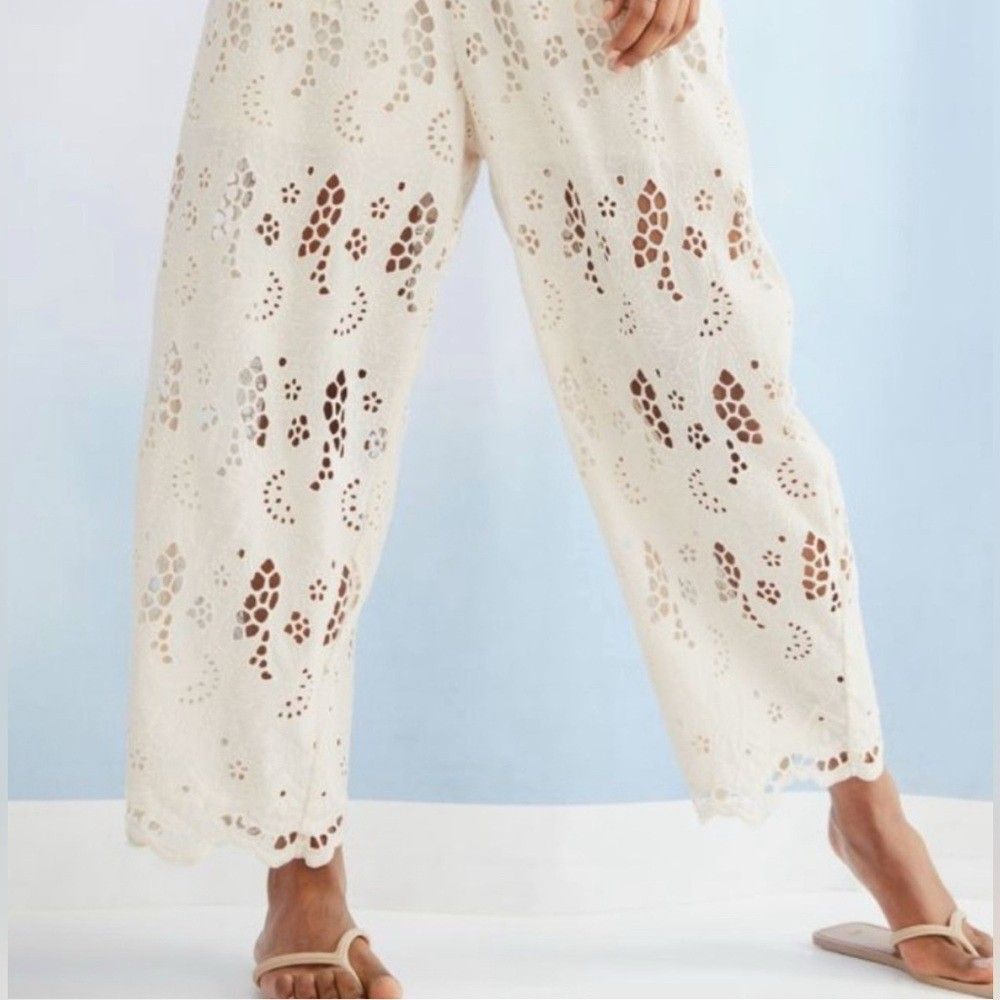 H&M embroidery Cream Wide Leg Lace Pants bohemian chic women size S